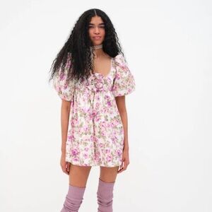 For Love & Lemons Pink & White Puff Sleeve Floral Mini Dress
